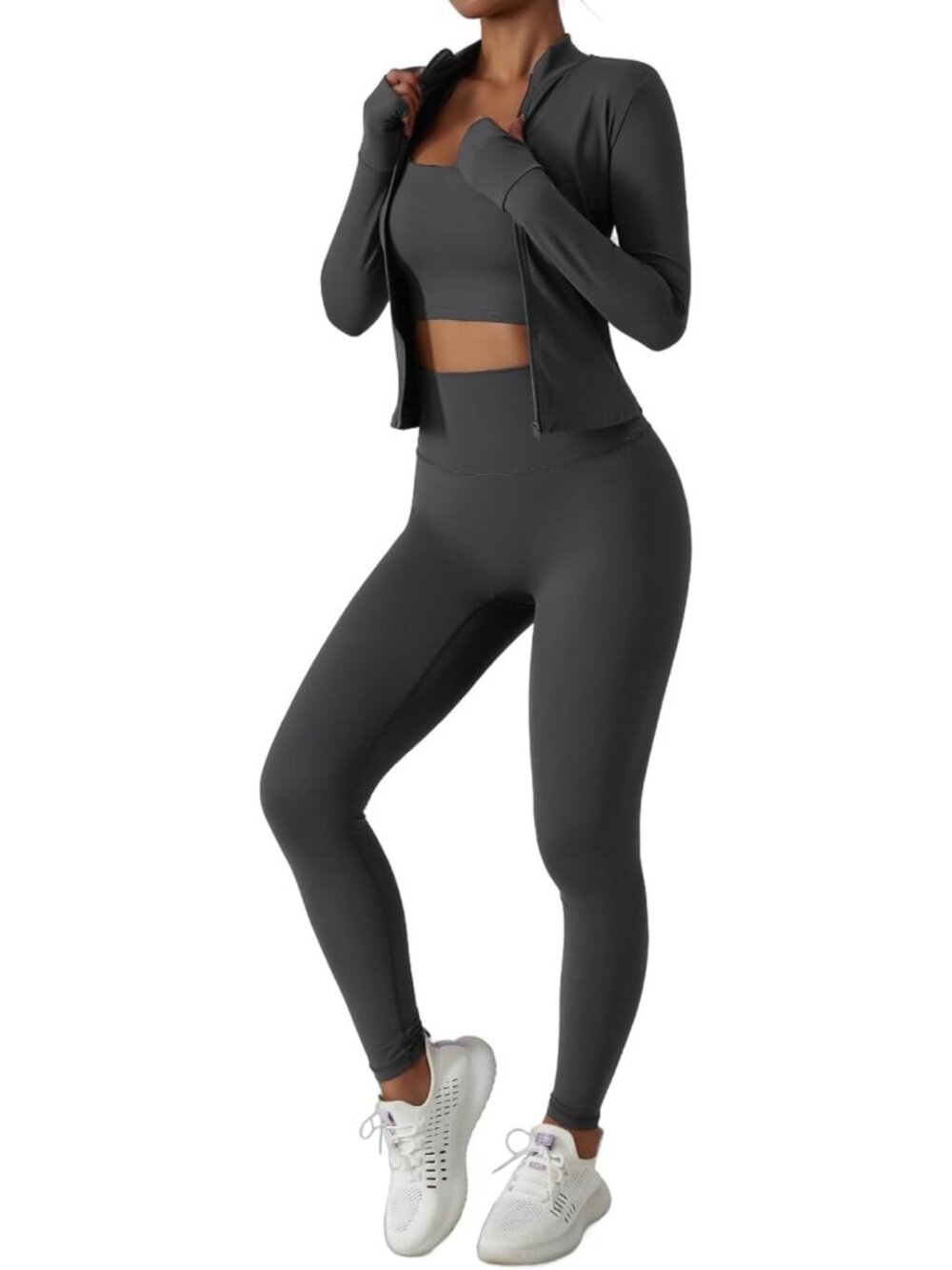 3 Piece Women's Workout Set - Sports Bra, Leggings & Jacket with Thumbholes
